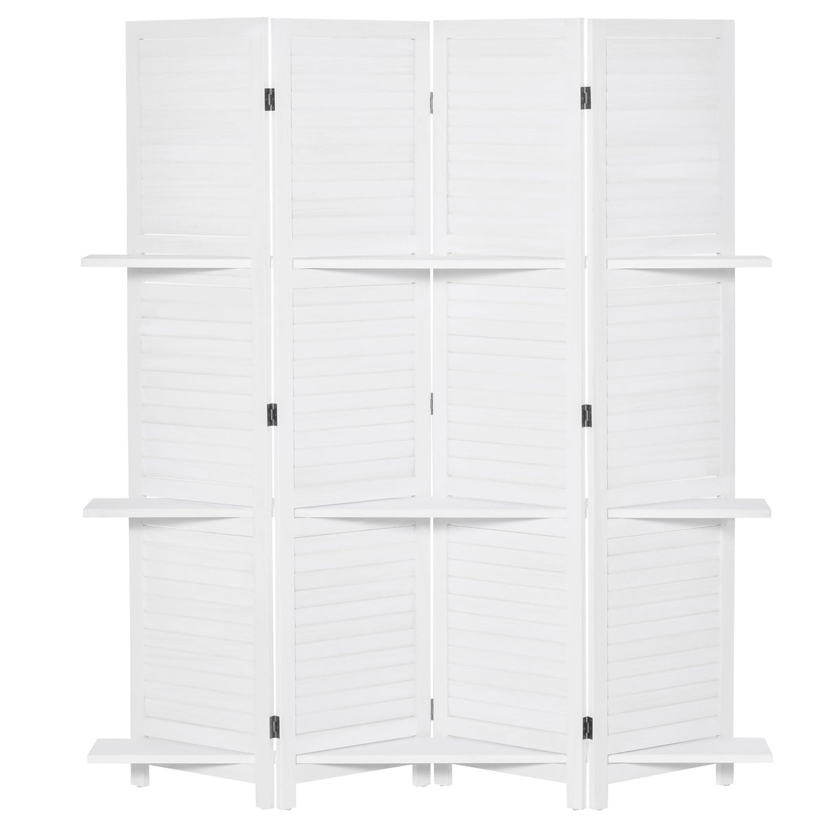 HOMCOM 4 Panel 67" Tall Wood Privacy Screen Room Divider with 3 Display Shelves, and Folding Storage for Bedroom or Home Office, White
