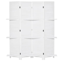 HOMCOM 4 Panel 67" Tall Wood Privacy Screen Room Divider with 3 Display Shelves, and Folding Storage for Bedroom or Home Office, White