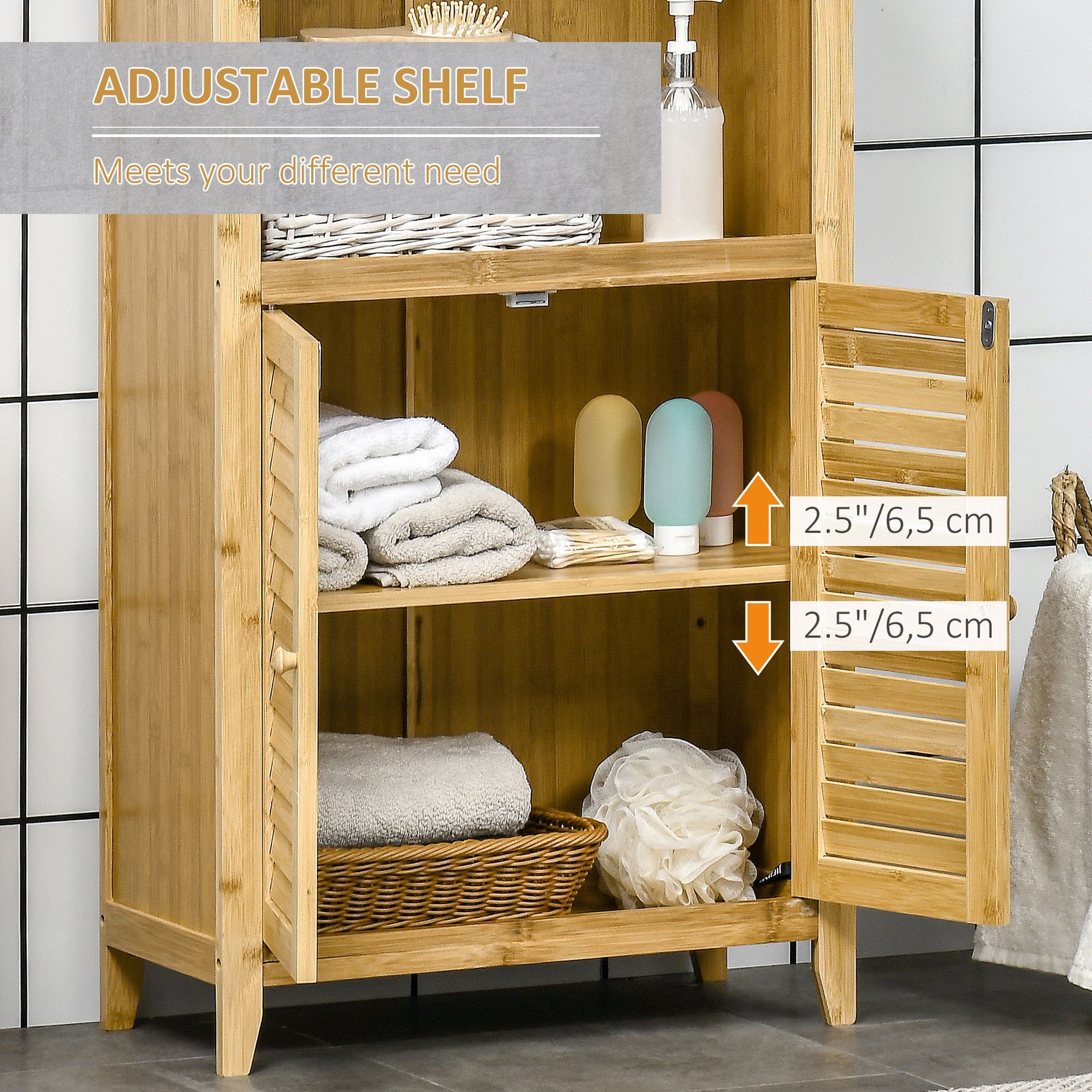 HOMCOM Bamboo Floor Cabinet Bathroom Floor Cabinet Living Room Organizer Tower with Multiple Shelves and Doors, Natural