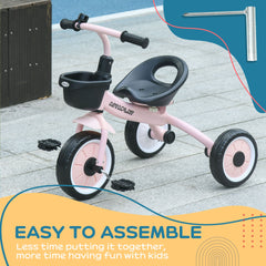 Qaba Kids Tricycle for Toddlers Age 2-5 with Adjustable Seat, Toddler Bike for Children with Basket, Bell, Handlebar Grips, Pink