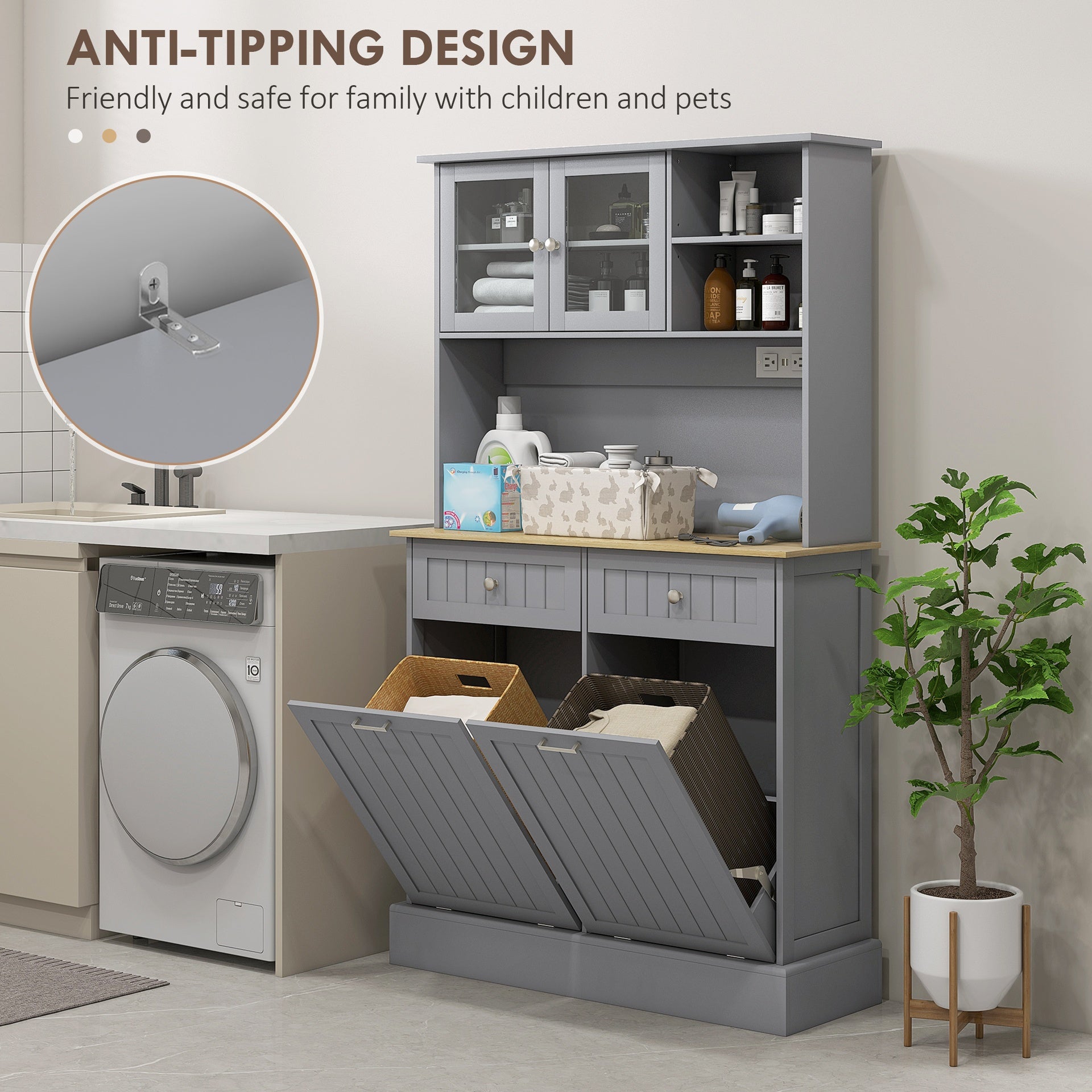 HOMCOM 68" Kitchen Pantry Storage Cabinet with Charging Station, 2 Tilt Out Trash Cabinets and Microwave Stand, Freestanding Kitchen Hutch with Glass Doors and Adjustable Shelf, Gray