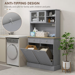 HOMCOM 68" Kitchen Pantry Storage Cabinet with Charging Station, 2 Tilt Out Trash Cabinets and Microwave Stand, Freestanding Kitchen Hutch with Glass Doors and Adjustable Shelf, Gray
