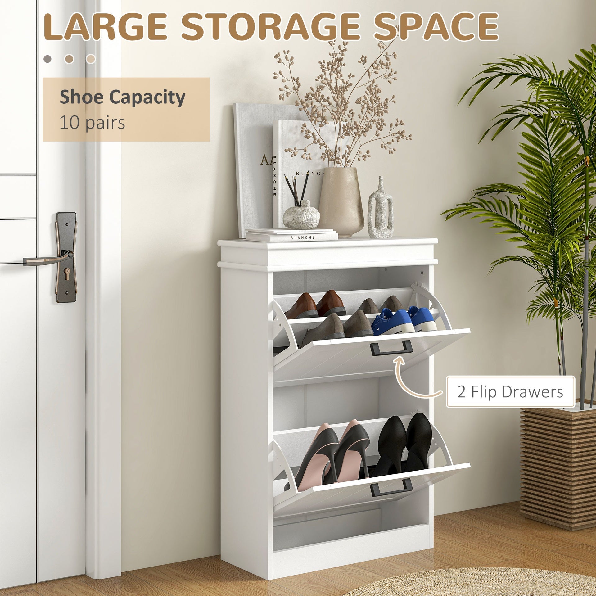 HOMCOM Shoe Cabinet for Entryway, Narrow Shoe Rack Storage Organizer with 2 Flip Drawers and Adjustable Shelves for 10 Pairs of Shoes, White