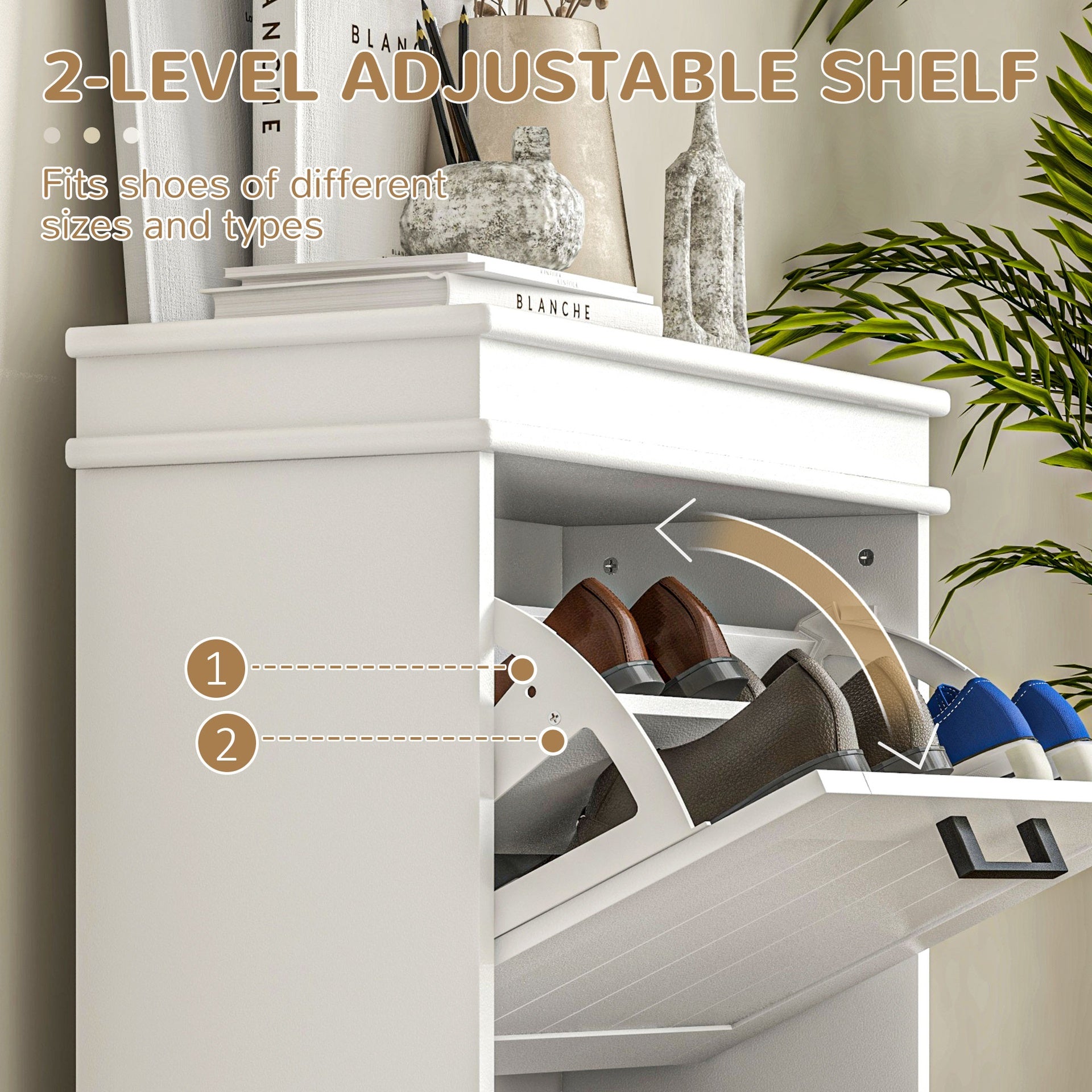 HOMCOM Shoe Cabinet for Entryway, Narrow Shoe Rack Storage Organizer with 2 Flip Drawers and Adjustable Shelves for 10 Pairs of Shoes, White