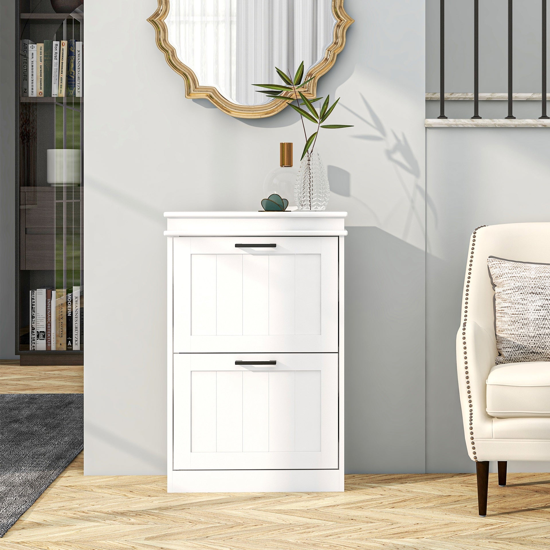 HOMCOM Shoe Cabinet for Entryway, Narrow Shoe Rack Storage Organizer with 2 Flip Drawers and Adjustable Shelves for 10 Pairs of Shoes, White