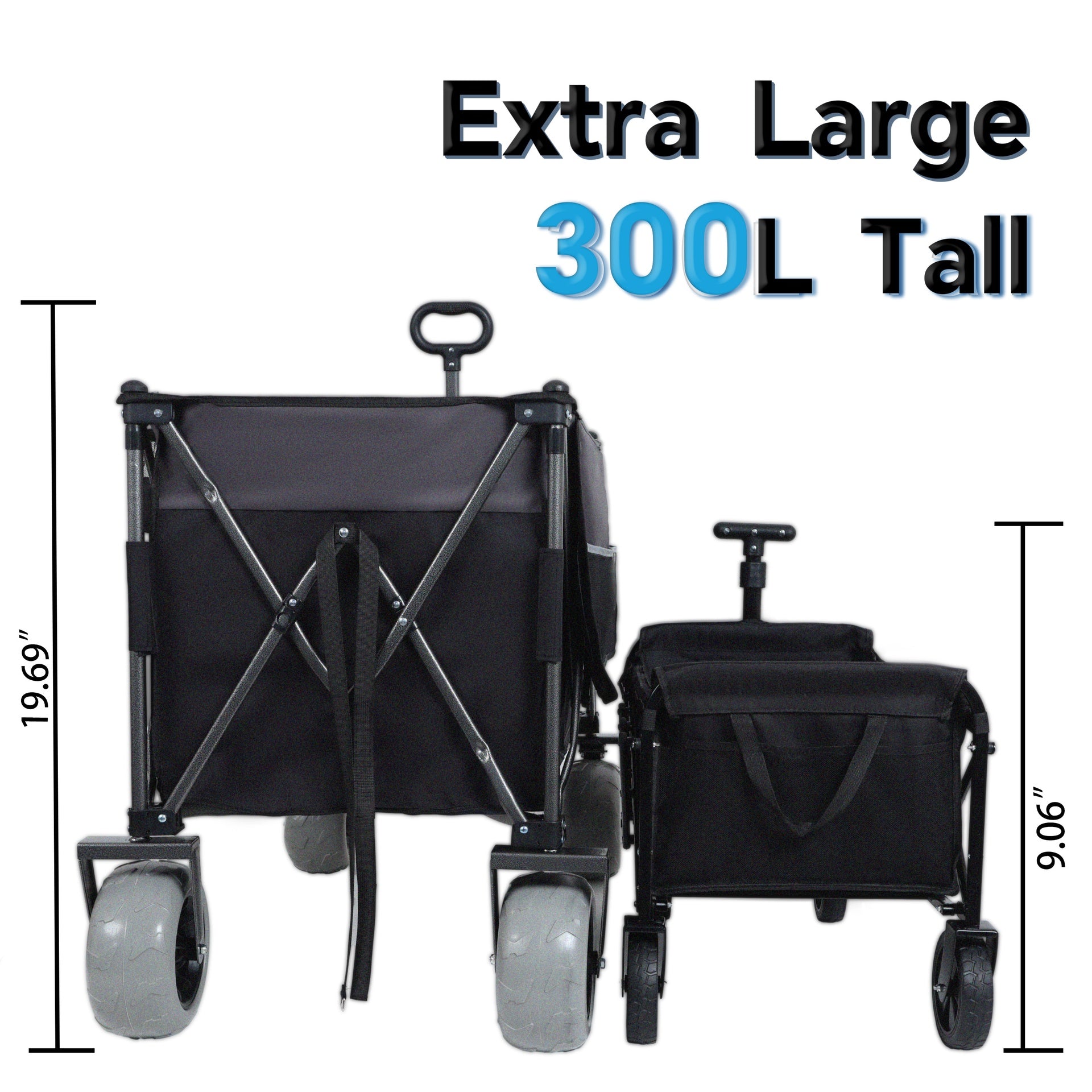 9" x 4" All-Terrain Balloon Wheels! 300L XL Heavy-Duty Folding Wagon Cart - 480lbs Capacity, Conquers Sand & Rough Terrain, w/Brakes, Pockets, Cup Holders, Black/Gray