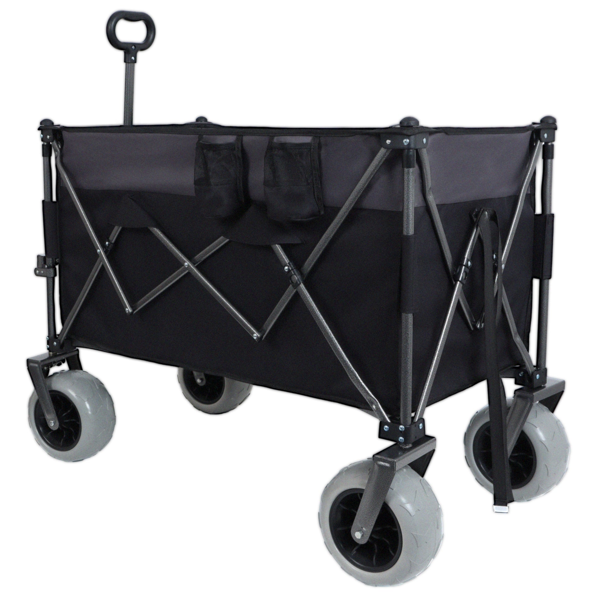 9" x 4" All-Terrain Balloon Wheels! 300L XL Heavy-Duty Folding Wagon Cart - 480lbs Capacity, Conquers Sand & Rough Terrain, w/Brakes, Pockets, Cup Holders, Black/Gray