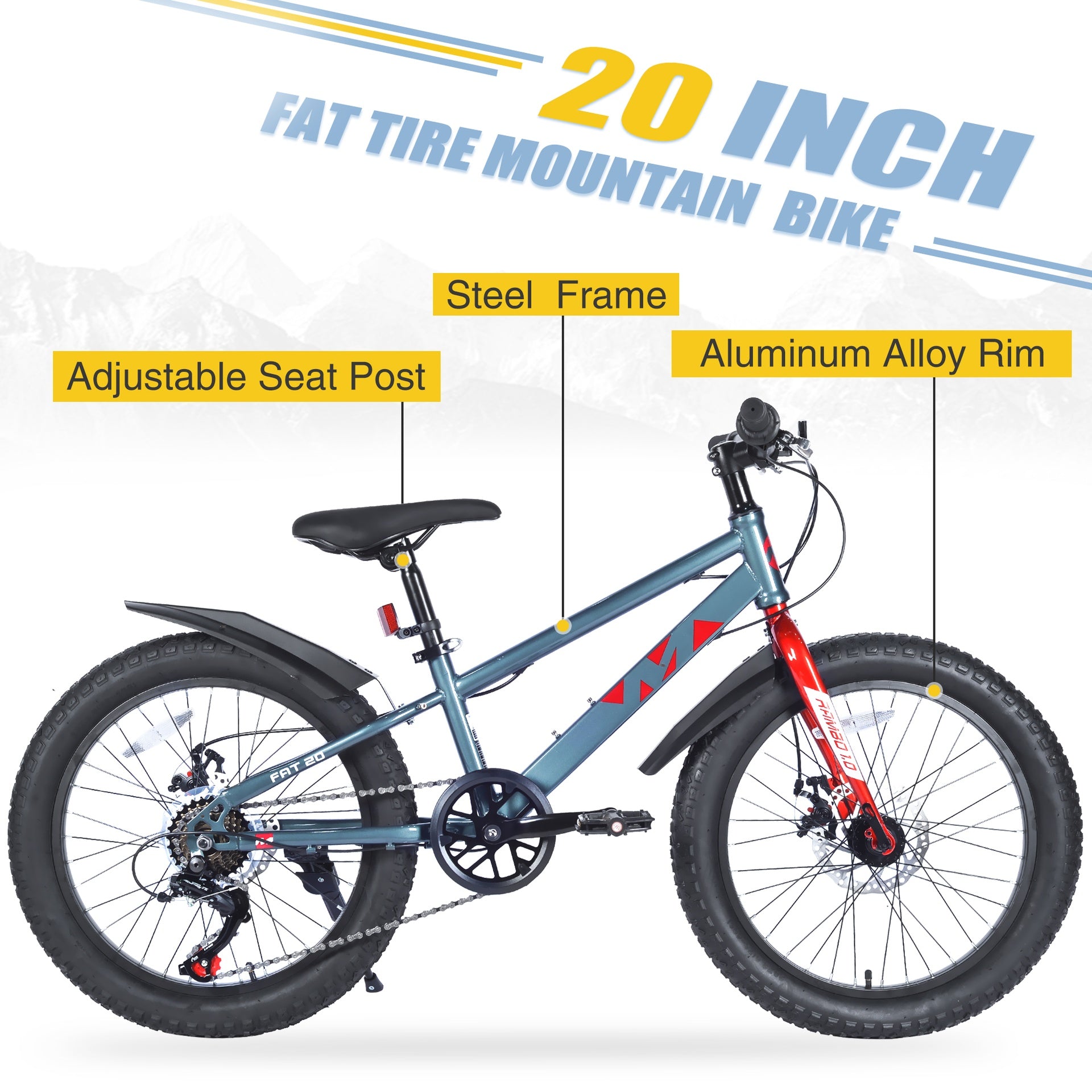 20 Inch Kids Bicycles , Fat Tire Mountain Bike for Boys and Girls Age 5 + Years ,7-Speed Dual-Disc Brake ,Kids Beach and Snow Bicycle