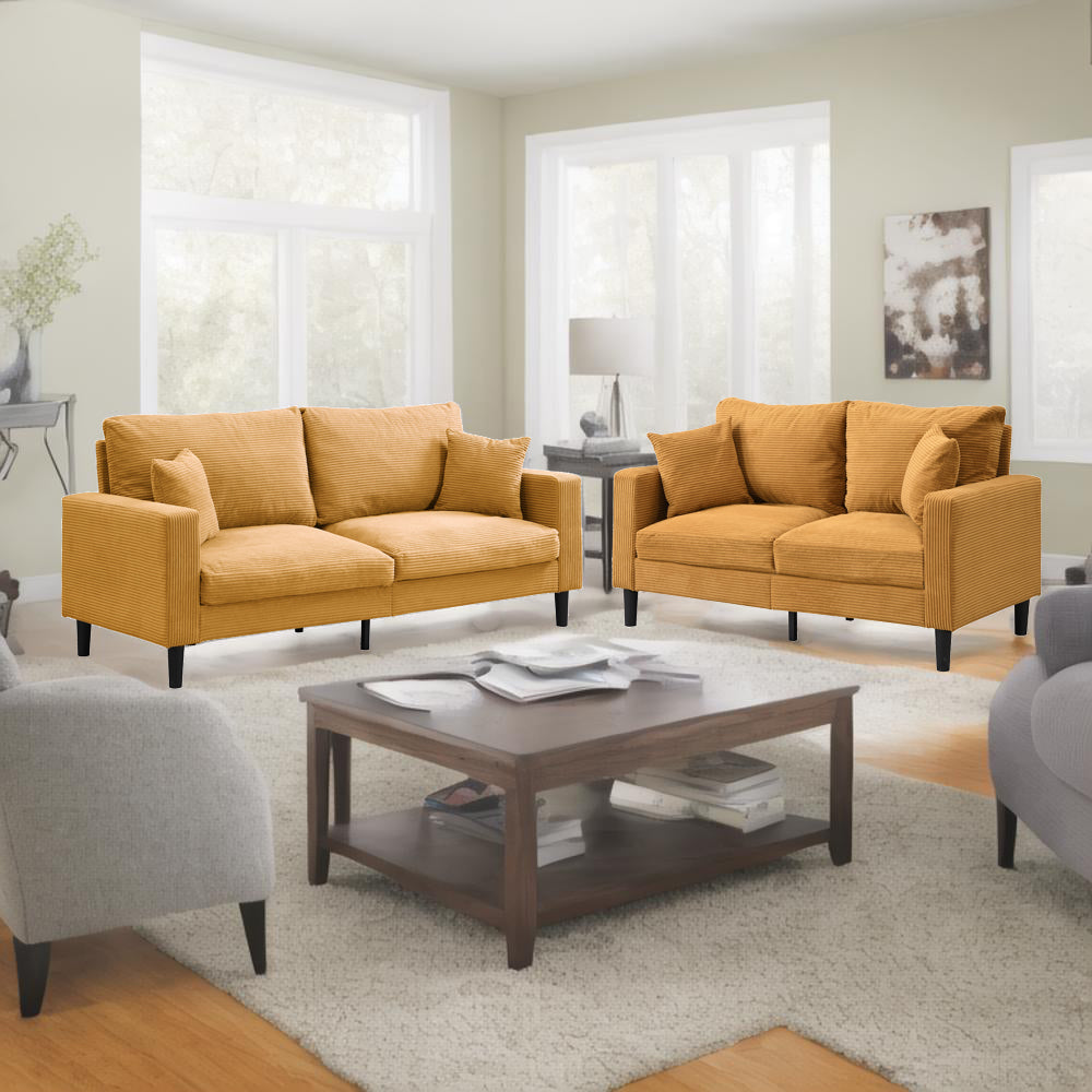 Two Piece Sofa Set, Living Room Three seater+Two seater, Comfy , Modern Upholstered Sofa, Living Room Bedroom Apartment Small Space , Corduroy , Orange