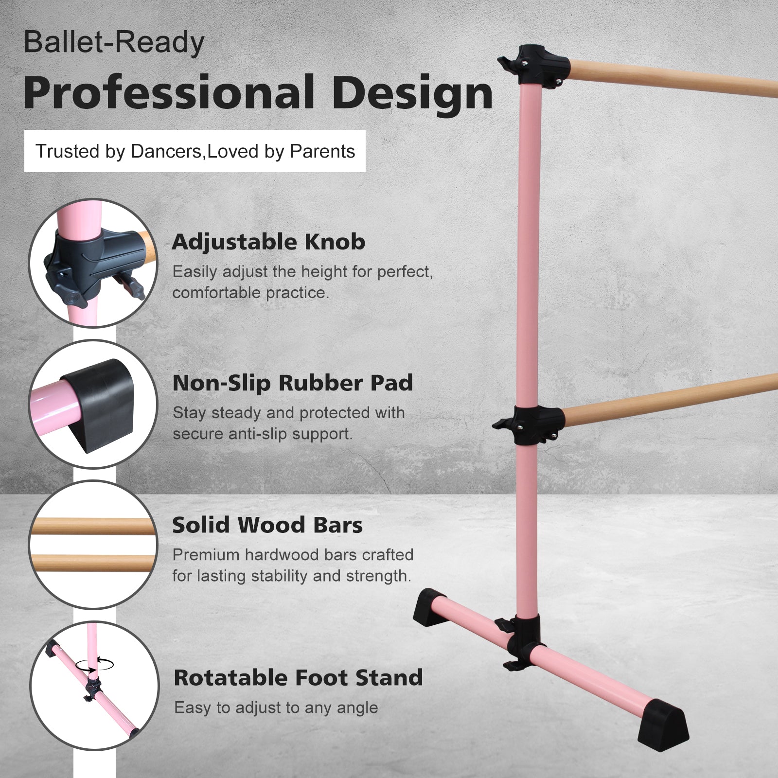 4FT Pink Solid Wood Ballet Barre With Adjustable Range Of 6.7-46 Inches For Dance Practice