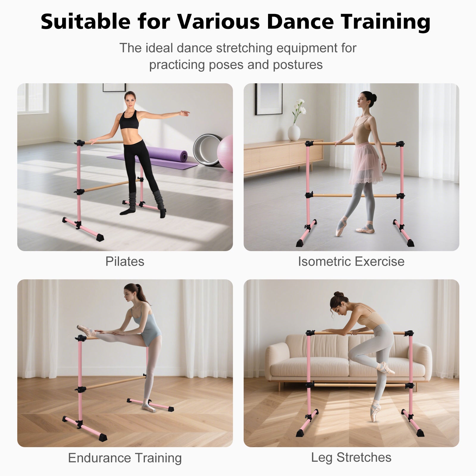 4FT Pink Solid Wood Ballet Barre With Adjustable Range Of 6.7-46 Inches For Dance Practice