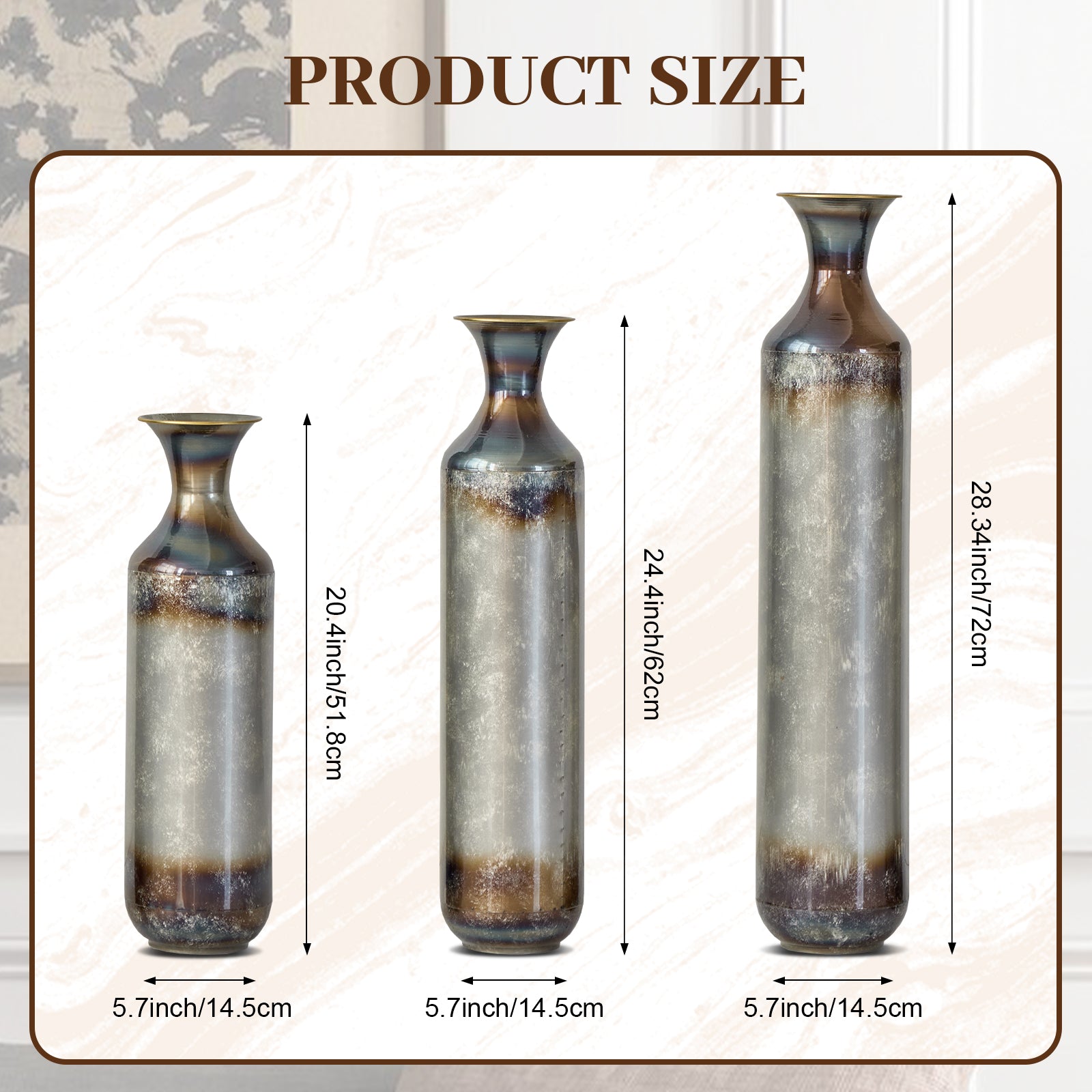 Hand-Forged Metal Vases Set of 3, Burnt Finish Rustic Floor Vases for Home Decor, 28.34 24.4 20.4 Inch Tall Flower Vases for Farmhouse Industrial Living Room