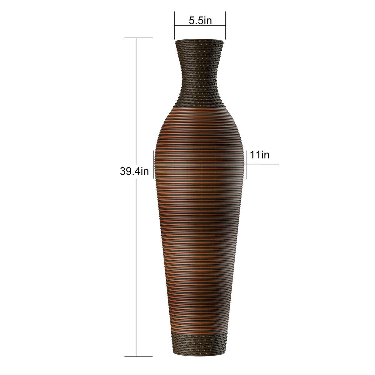 Hand-Woven PVC Rattan Floor Vase, 39 Inch Tall Black Gray Decorative Vase for Home Decor, Farmhouse Boho Style Vase for Living Room, Entryway, Office (5.5in Top Diameter)