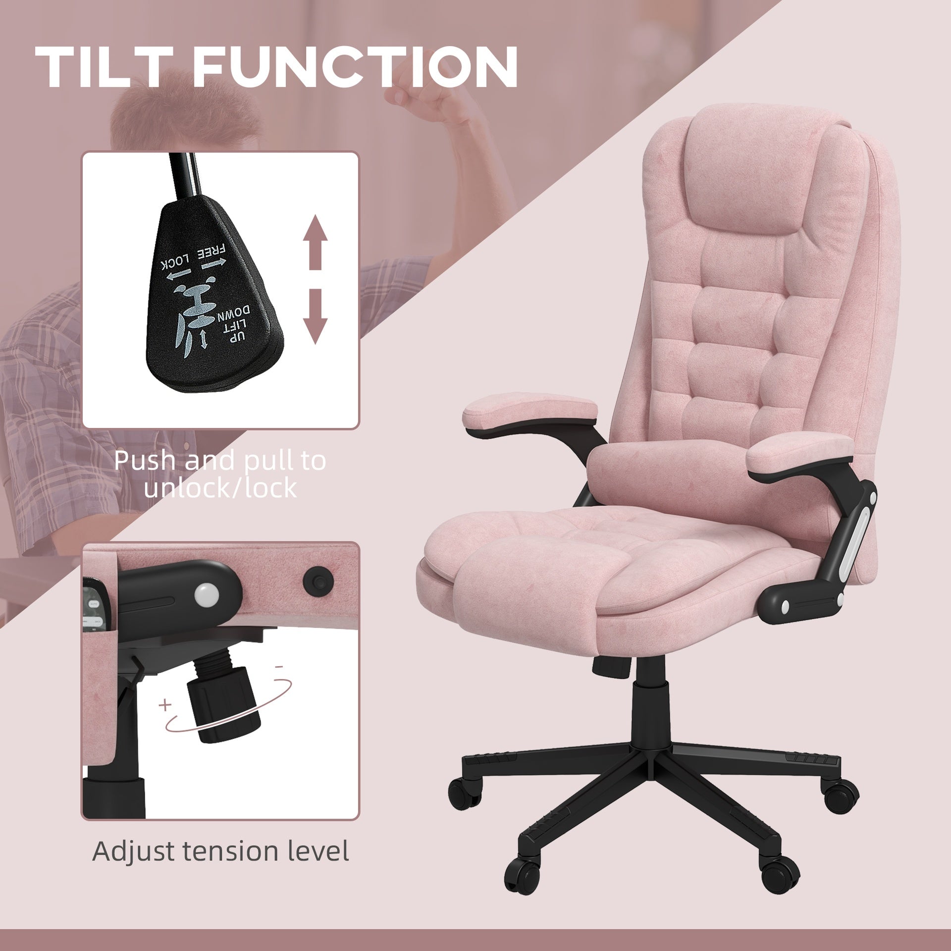 HOMCOM 6 Point Vibrating Massage Office Chair with Heat, Velvet High Back Executive Office Chair with Reclining Backrest, Padded Armrests and Remote, Pink