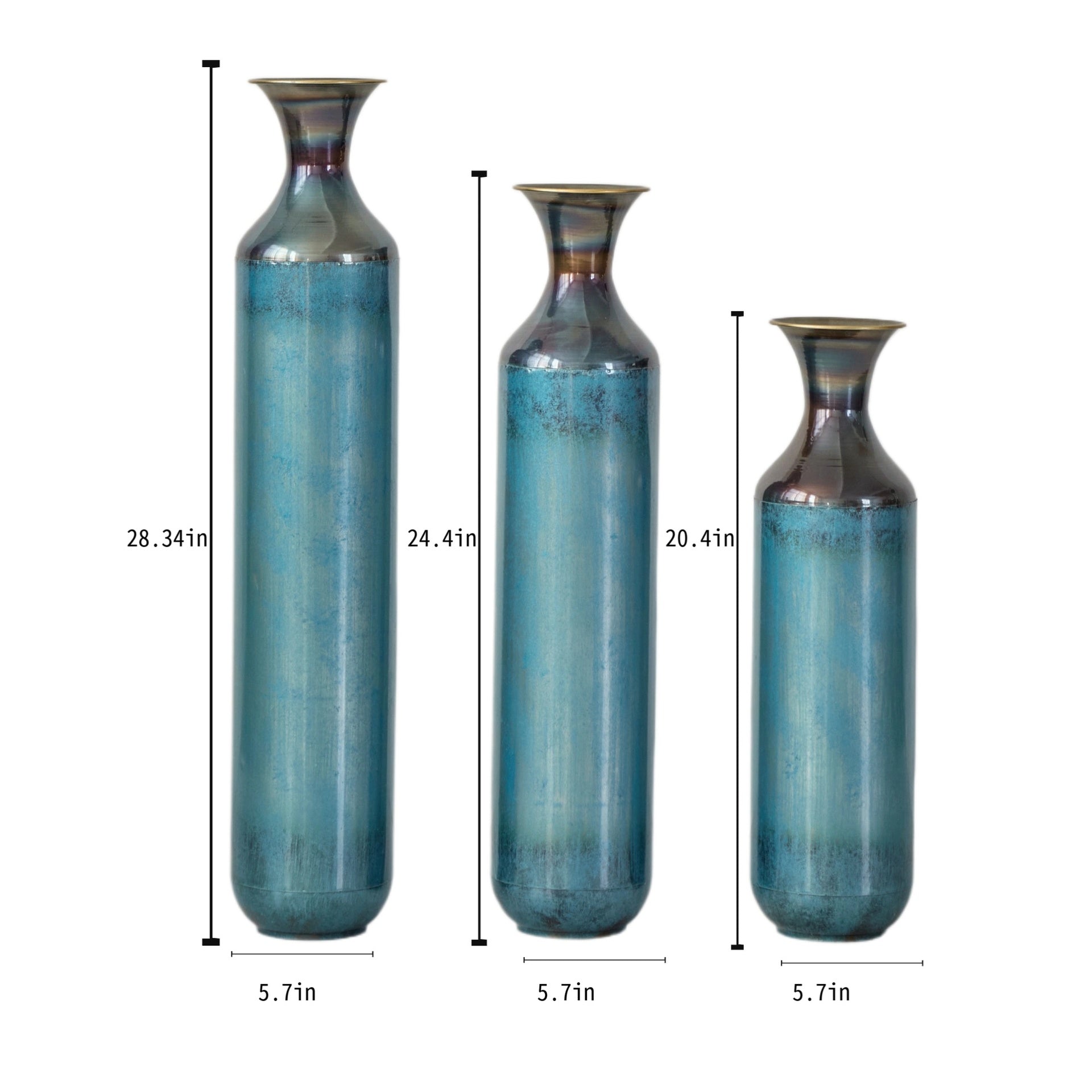 Torch-Fired Metal Vases Set of 3, Tall Blue Burnt Finish Floor Vases for Home Decor, 28.34 24.4 20.4 Inch Rustic Flower Vases for Farmhouse Living Room
