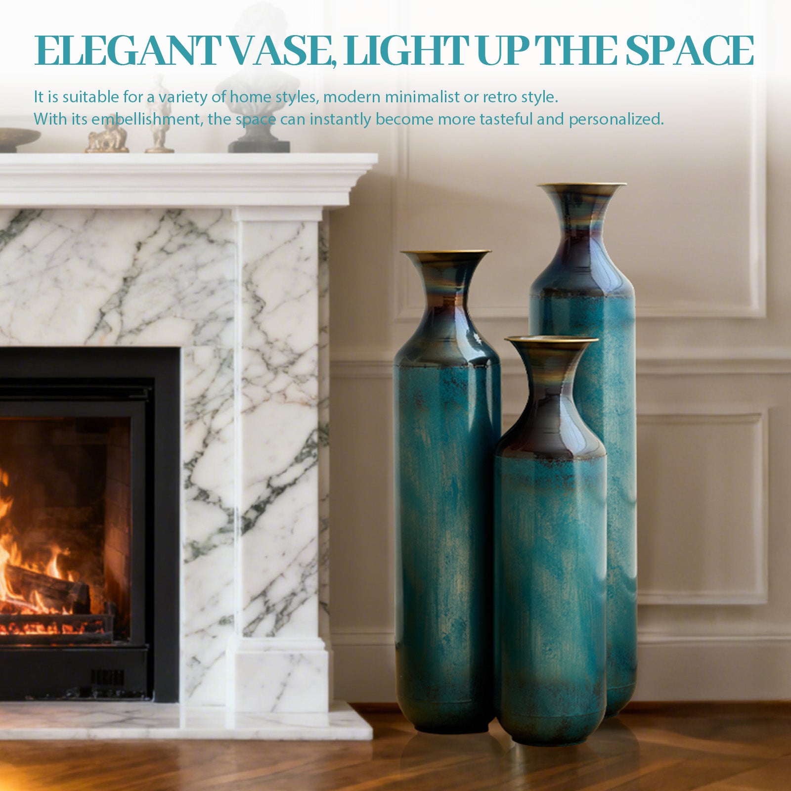 Torch-Fired Metal Vases Set of 3, Tall Blue Burnt Finish Floor Vases for Home Decor, 28.34 24.4 20.4 Inch Rustic Flower Vases for Farmhouse Living Room