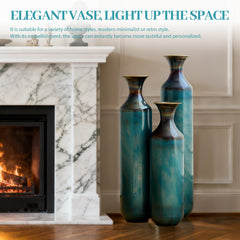 Torch-Fired Metal Vases Set of 3, Tall Blue Burnt Finish Floor Vases for Home Decor, 28.34 24.4 20.4 Inch Rustic Flower Vases for Farmhouse Living Room