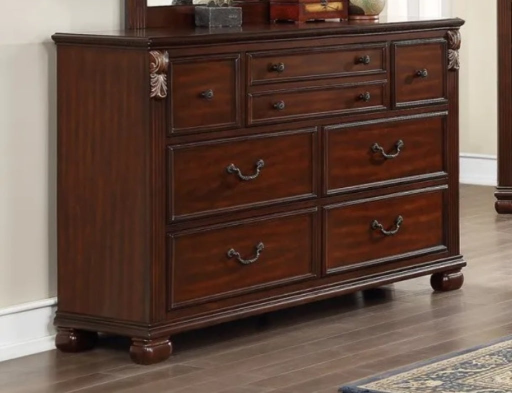 Traditional Style 1pc Dresser Bun Feet Pull Handles Round Knobs Dark Cherry Finish Bedroom Furniture