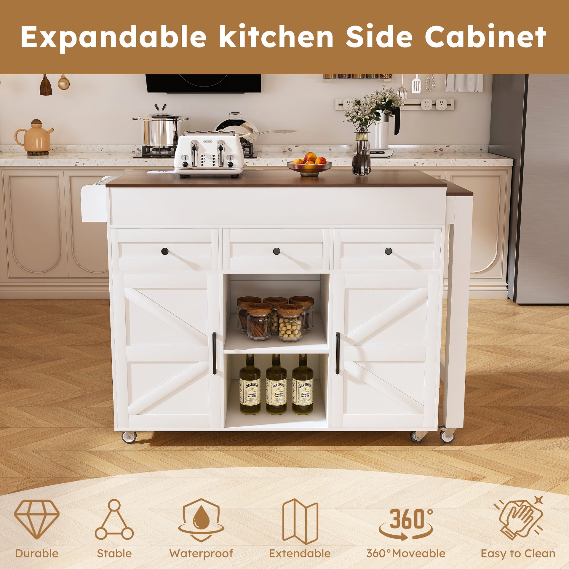 74.8" Kitchen Island with Extendable Dining Table & Power Outlet - Rolling Storage Cart on Wheels with 3 Drawers & 2 Door Cabinet for Dining Room, White