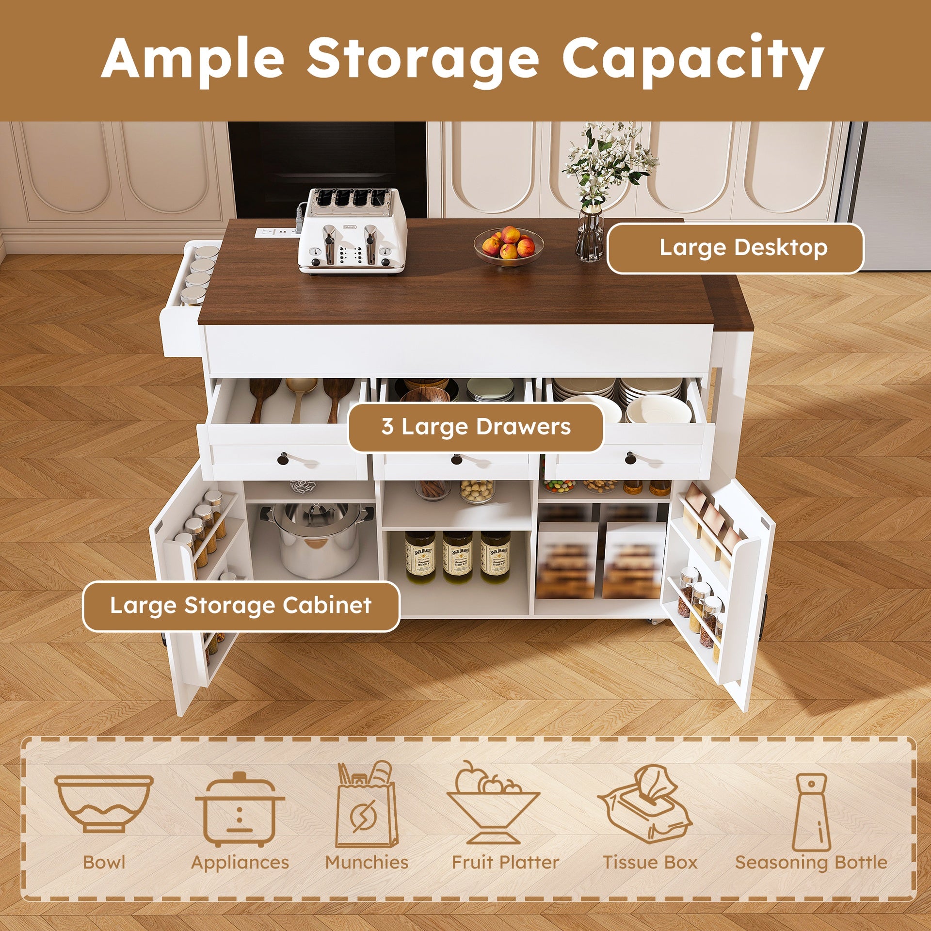 74.8" Kitchen Island with Extendable Dining Table & Power Outlet - Rolling Storage Cart on Wheels with 3 Drawers & 2 Door Cabinet for Dining Room, White