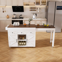 74.8" Kitchen Island with Extendable Dining Table & Power Outlet - Rolling Storage Cart on Wheels with 3 Drawers & 2 Door Cabinet for Dining Room, White
