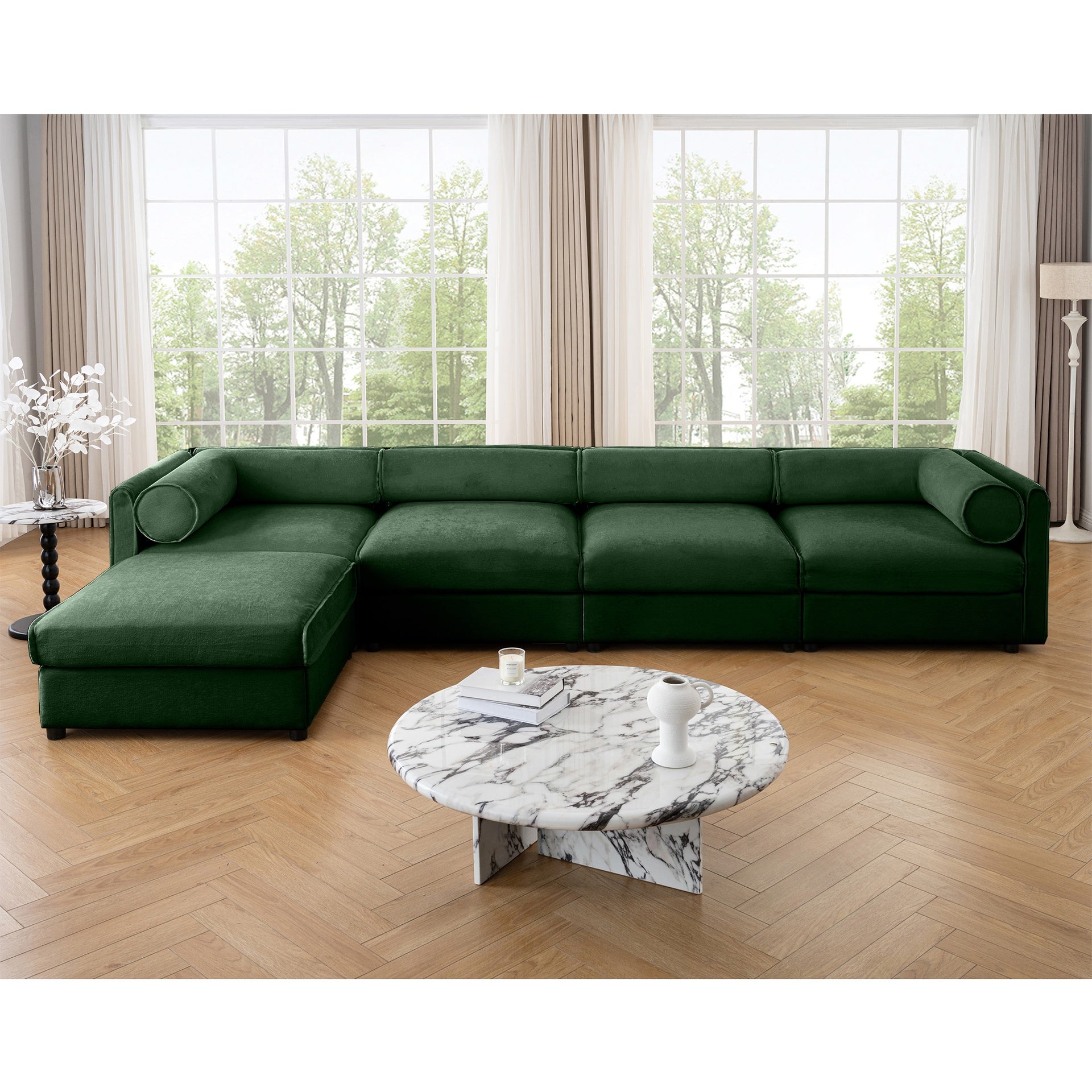Modular Sectional Sofa with Storage, Cylindrical Backrest and Armrests Deep Comfortable Seating,Durable and Supportive for Living Room,4 Seat L- Shaped Sofa, Green
