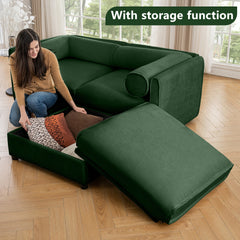 Modular Sectional Sofa with Storage, Cylindrical Backrest and Armrests Deep Comfortable Seating,Durable and Supportive for Living Room,4 Seat L- Shaped Sofa, Green