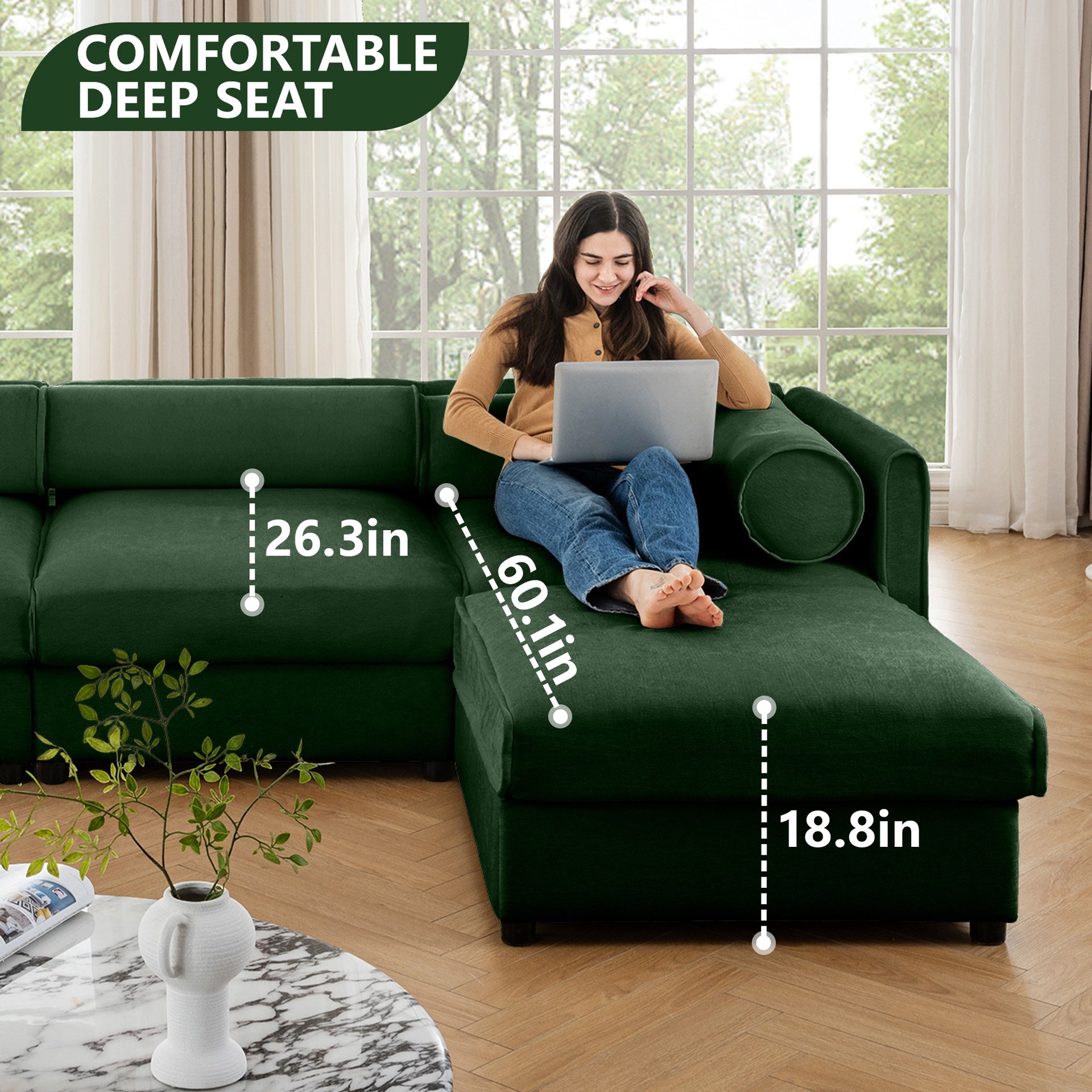 Modular Sectional Sofa with Storage, Cylindrical Backrest and Armrests Deep Comfortable Seating,Durable and Supportive for Living Room,4 Seat L- Shaped Sofa, Green
