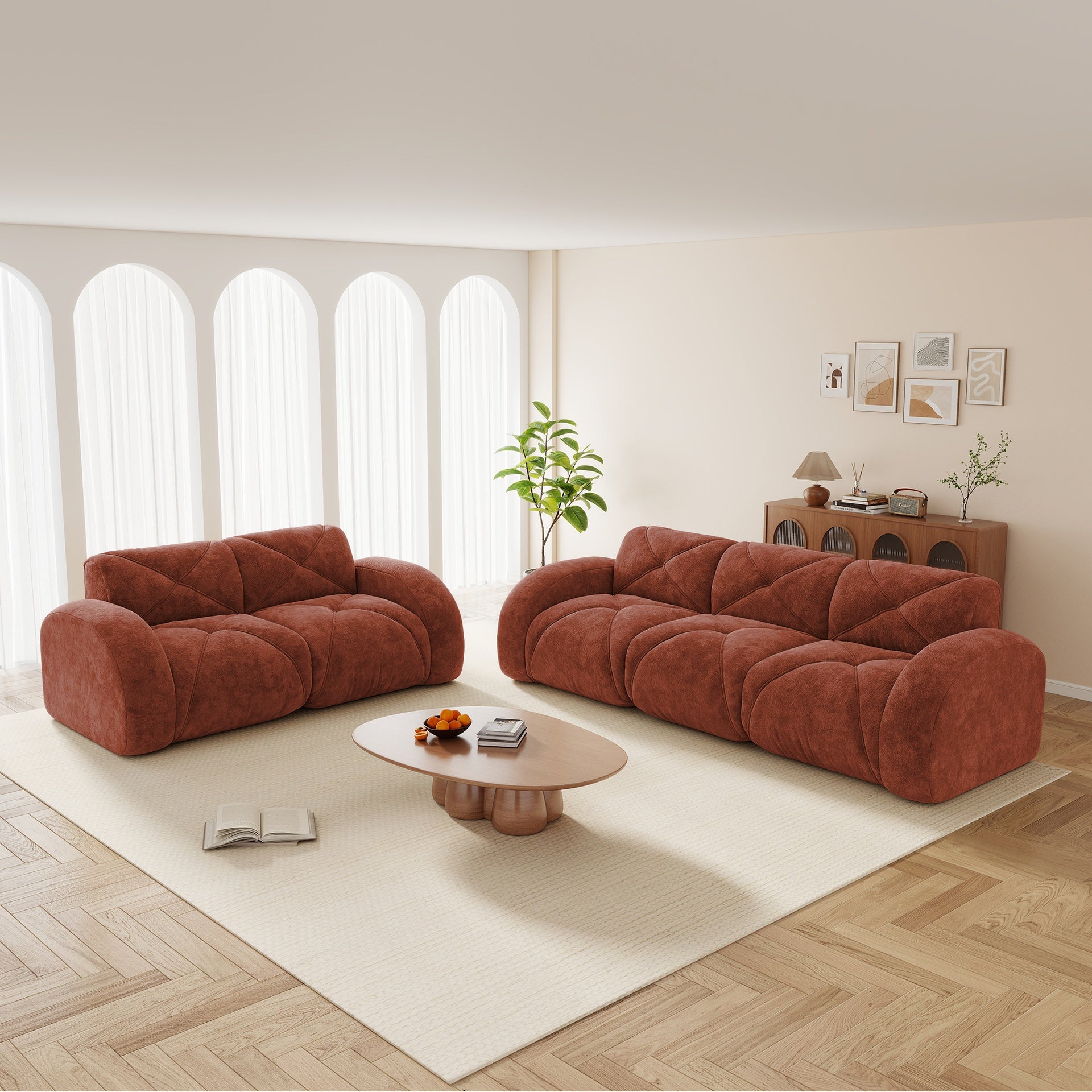 2 Piece Sofa Set Comfy Sofa Couch,  2+3 Seater Sofa Set,Deep Seat Sofa,Soft Velvet Fabric,32D High Density Sponge  Bottom,No Assembly Required, Modern Sofa Set for Living Room, Red Brown