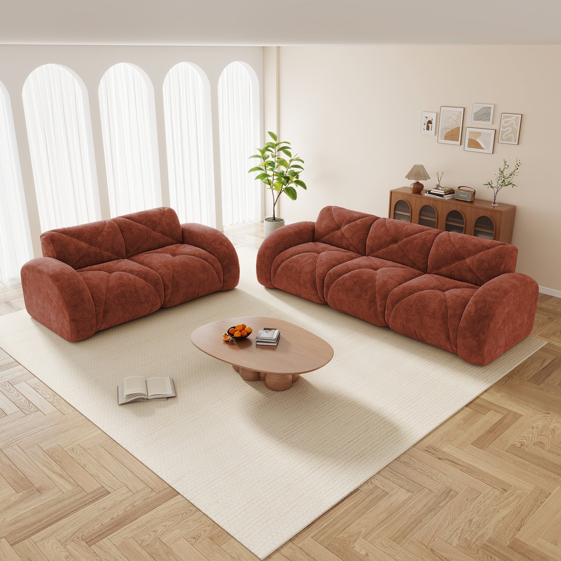 2 Piece Sofa Set Comfy Sofa Couch,  2+3 Seater Sofa Set,Deep Seat Sofa,Soft Velvet Fabric,32D High Density Sponge  Bottom,No Assembly Required, Modern Sofa Set for Living Room, Red Brown