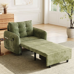[NEW] 3-in-1 Sleeper Chair Bed, 80" Extra Long Pull Out Sleeping Lounge with USB Charging, Storage Pockets and Box, Tufted Design, Multi-Functional Chenille Single Sofa Bed for Living Room&Apartment