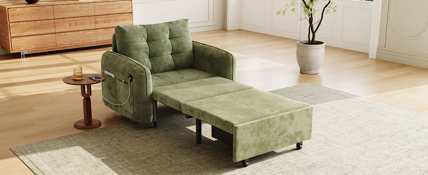 [NEW] 3-in-1 Sleeper Chair Bed, 80" Extra Long Pull Out Sleeping Lounge with USB Charging, Storage Pockets and Box, Tufted Design, Multi-Functional Chenille Single Sofa Bed for Living Room&Apartment