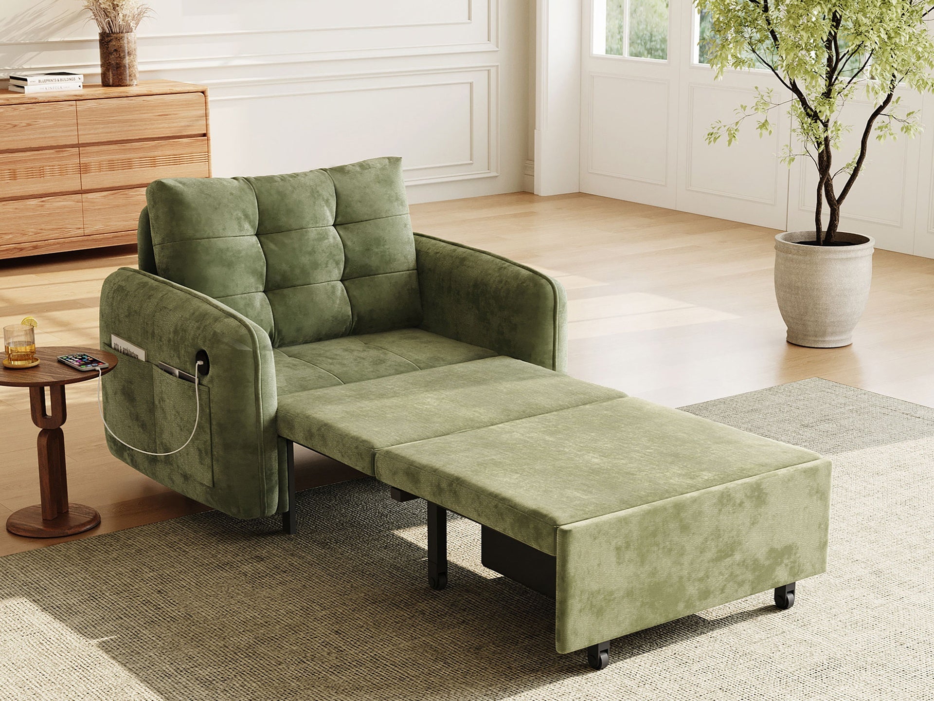 [NEW] 3-in-1 Sleeper Chair Bed, 80" Extra Long Pull Out Sleeping Lounge with USB Charging, Storage Pockets and Box, Tufted Design, Multi-Functional Chenille Single Sofa Bed for Living Room&Apartment