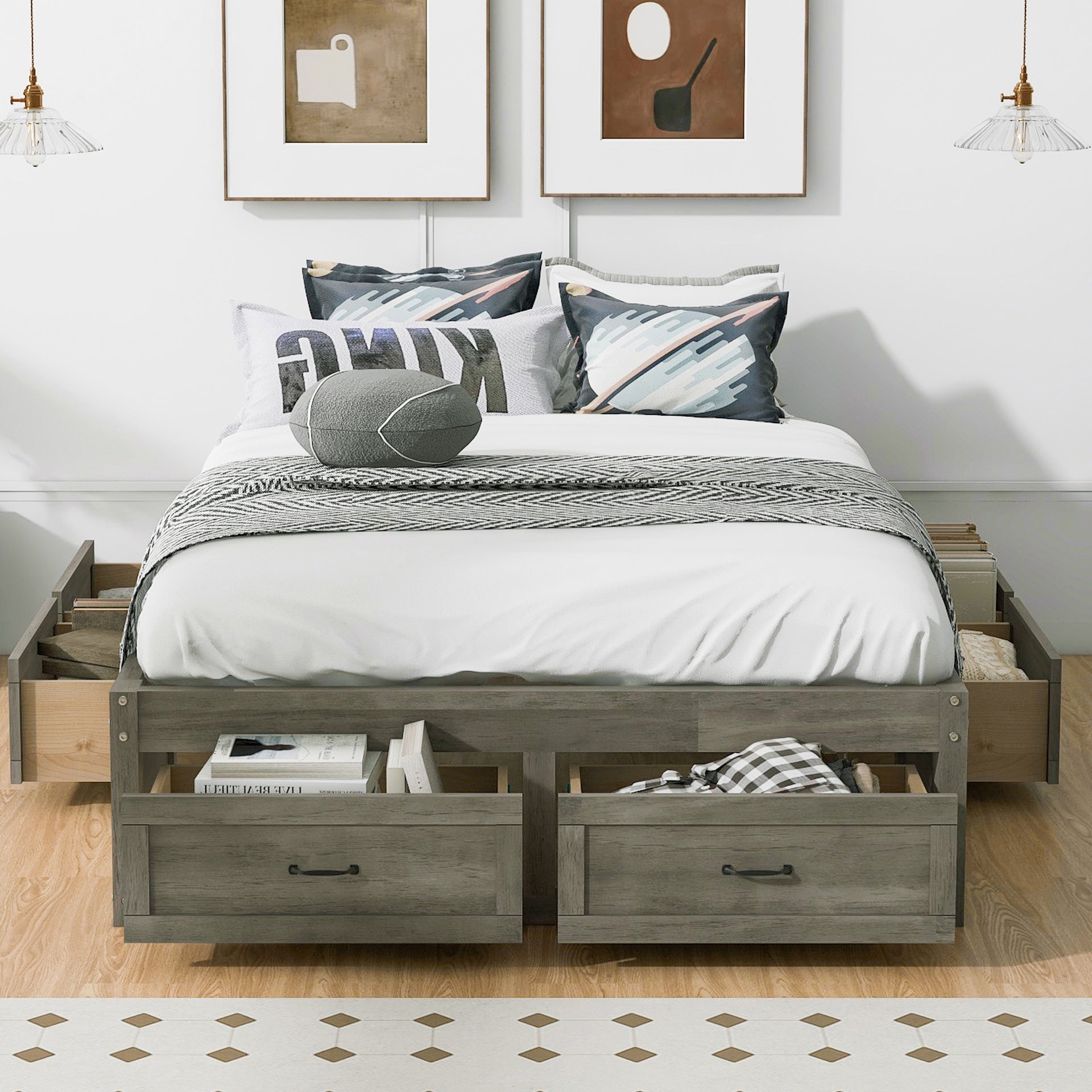 Full Size Platform Bed with 6 Storage Drawers, Antique Gray