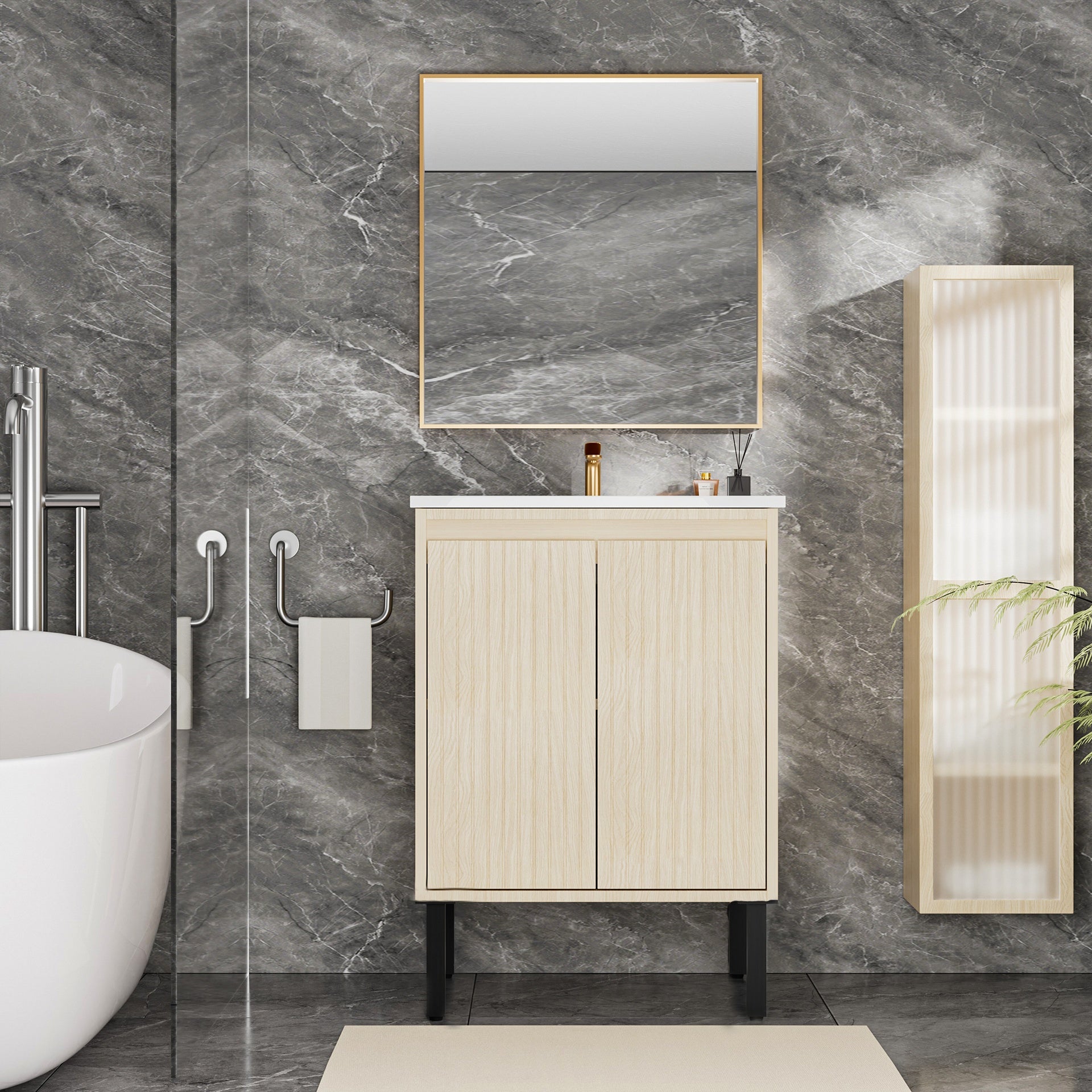 24 Inch Bathroom Vanity with Sink,  Floor - Standing Structure for Stability, Soft - Closing Drawers for Noiseless Operation, Sleek Oak Finish for Modern Aesthetic(White Sink)