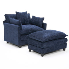 39.4" Modern Accent Chair with Ottoman, Living Room Club Chair Chenille Upholstered Armchair , Reading Chair for Bedroom, Blue Chenille