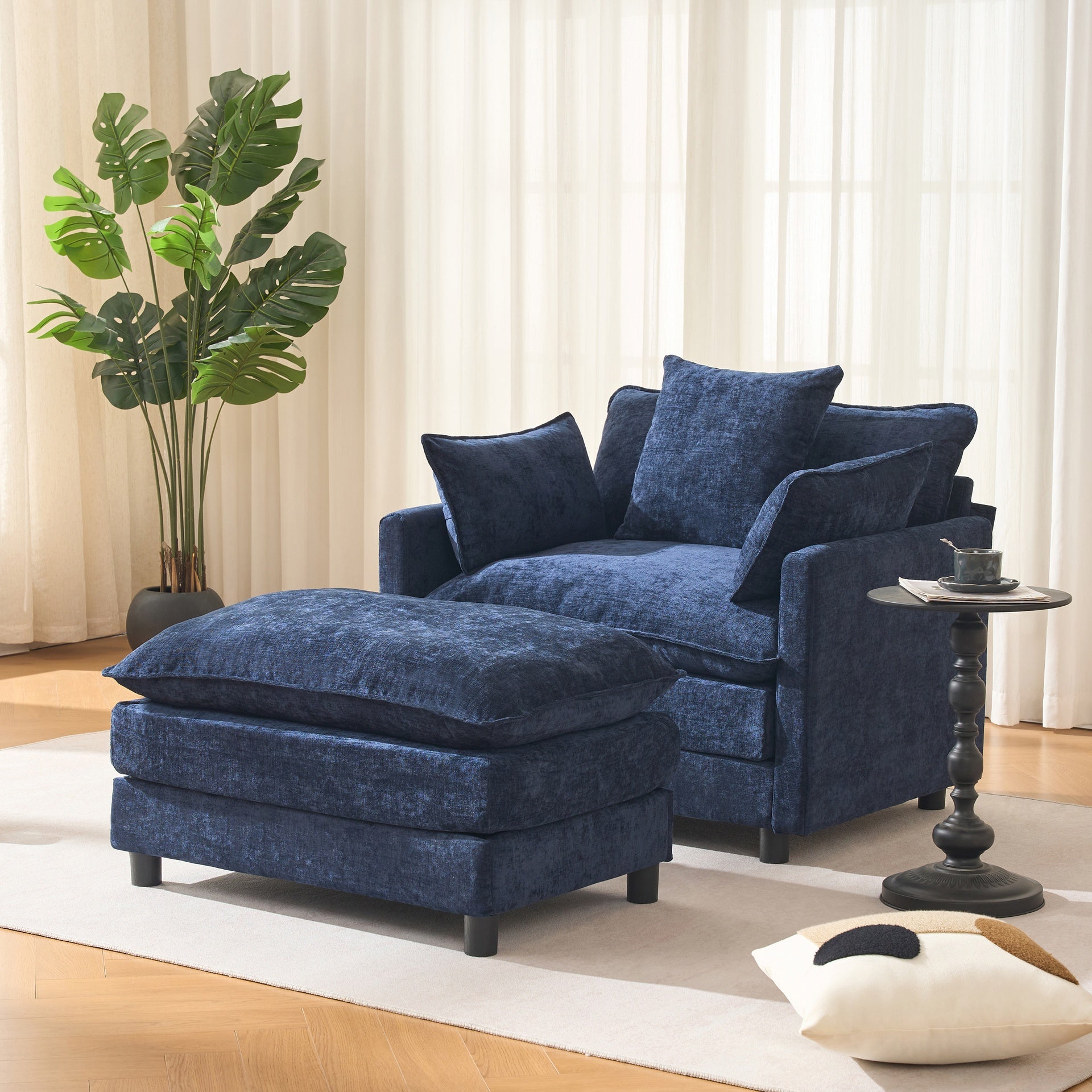 39.4" Modern Accent Chair with Ottoman, Living Room Club Chair Chenille Upholstered Armchair , Reading Chair for Bedroom, Blue Chenille
