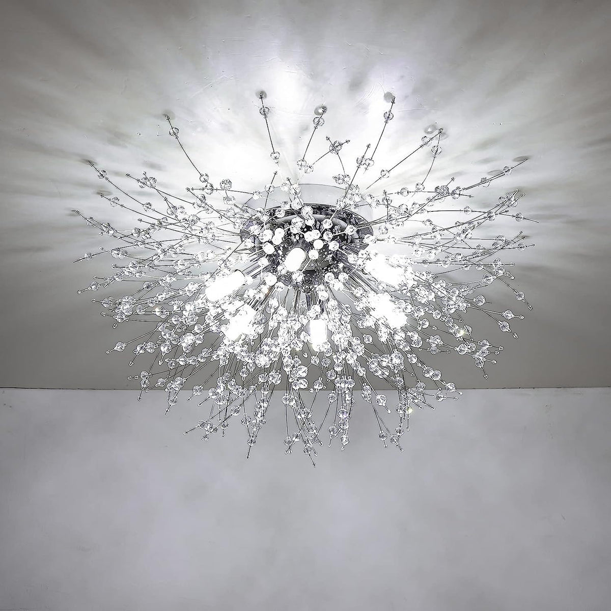 Crystal Flush Mount Ceiling Light, Modern Sputnik Firework Close to Ceiling Lamp, LED Ceiling Light Fixtures for Bedroom Kitchen Island Entryway Hallway Foyer