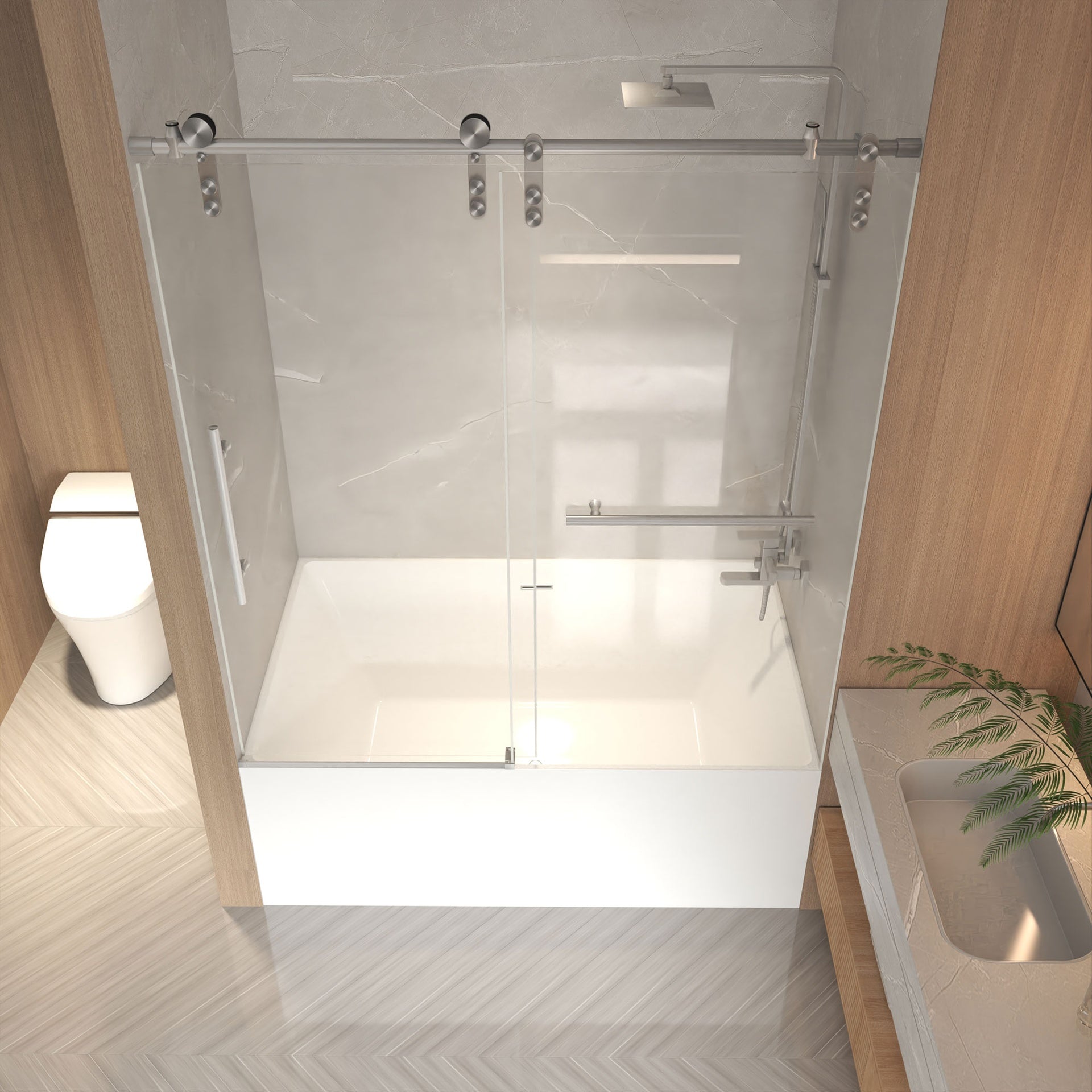 56-60" x 66" H Frameless Sliding Bathtub Door, Tub Shower Door, 5/16" (8mm) Clear Tempered Glass, Stainless Steel Frame,Brushed Nickel