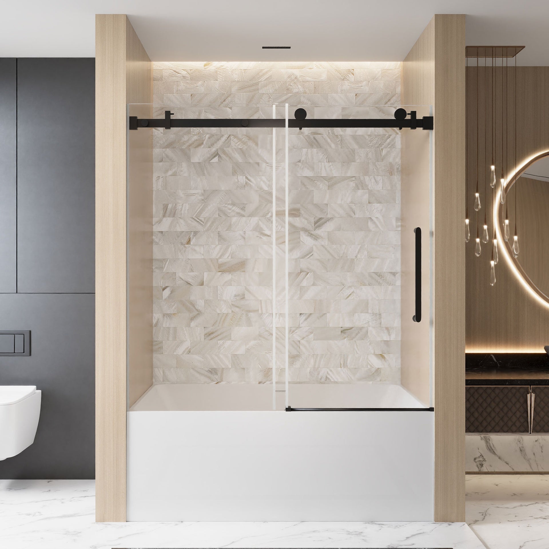 Frameless Single sliding shower door  56-60 "W x 60" H, 1/4 "(6 mm) Clear Tempered Glass, Explosion Proof Film, Stainless Steel Handle,Square Tube Track ,Matte Black