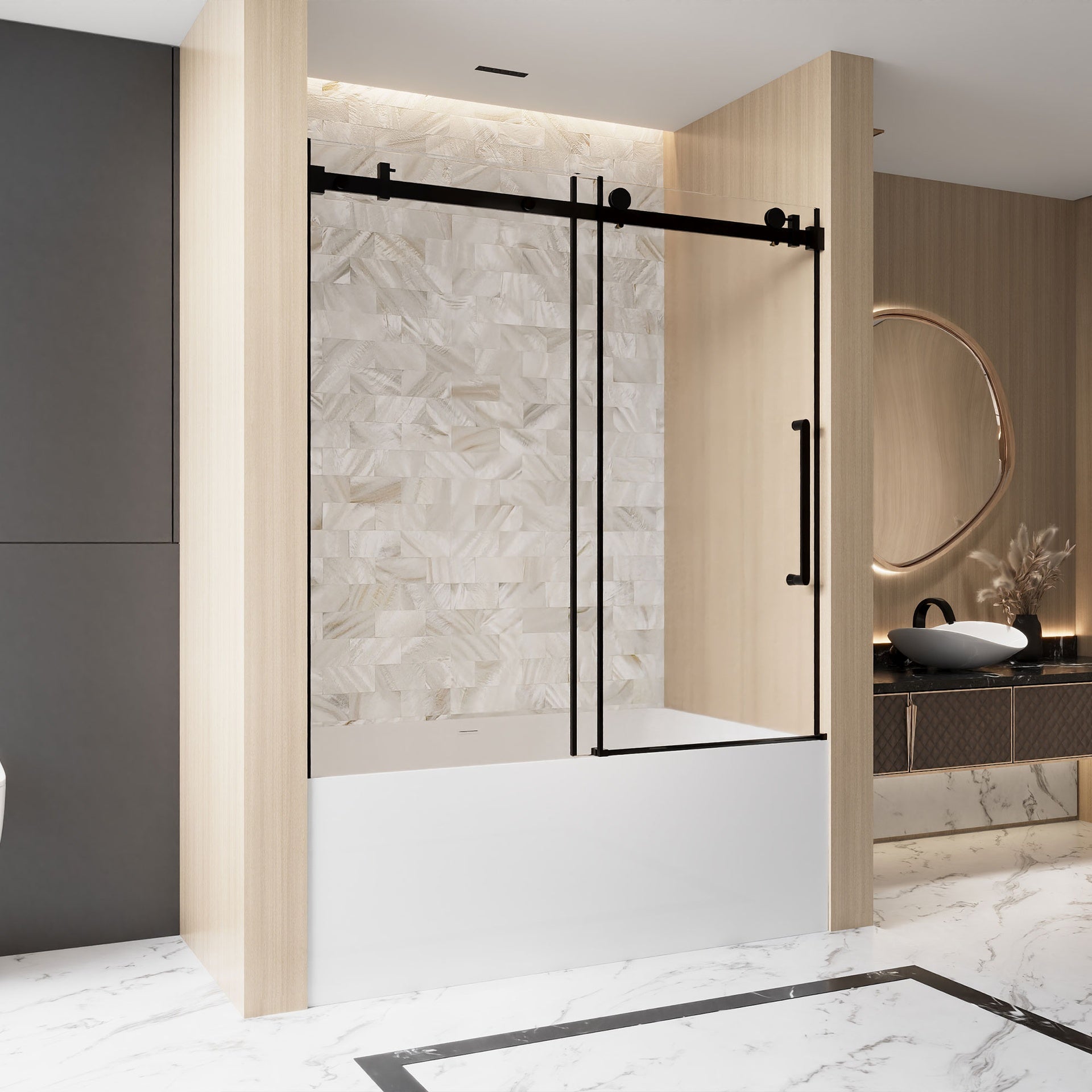 Frameless Single sliding shower door  56-60 "W x 60" H, 1/4 "(6 mm) Clear Tempered Glass, Explosion Proof Film, Stainless Steel Handle,Square Tube Track ,Matte Black