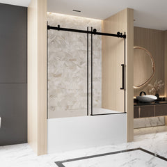 Frameless Single sliding shower door  56-60 "W x 60" H, 1/4 "(6 mm) Clear Tempered Glass, Explosion Proof Film, Stainless Steel Handle,Square Tube Track ,Matte Black