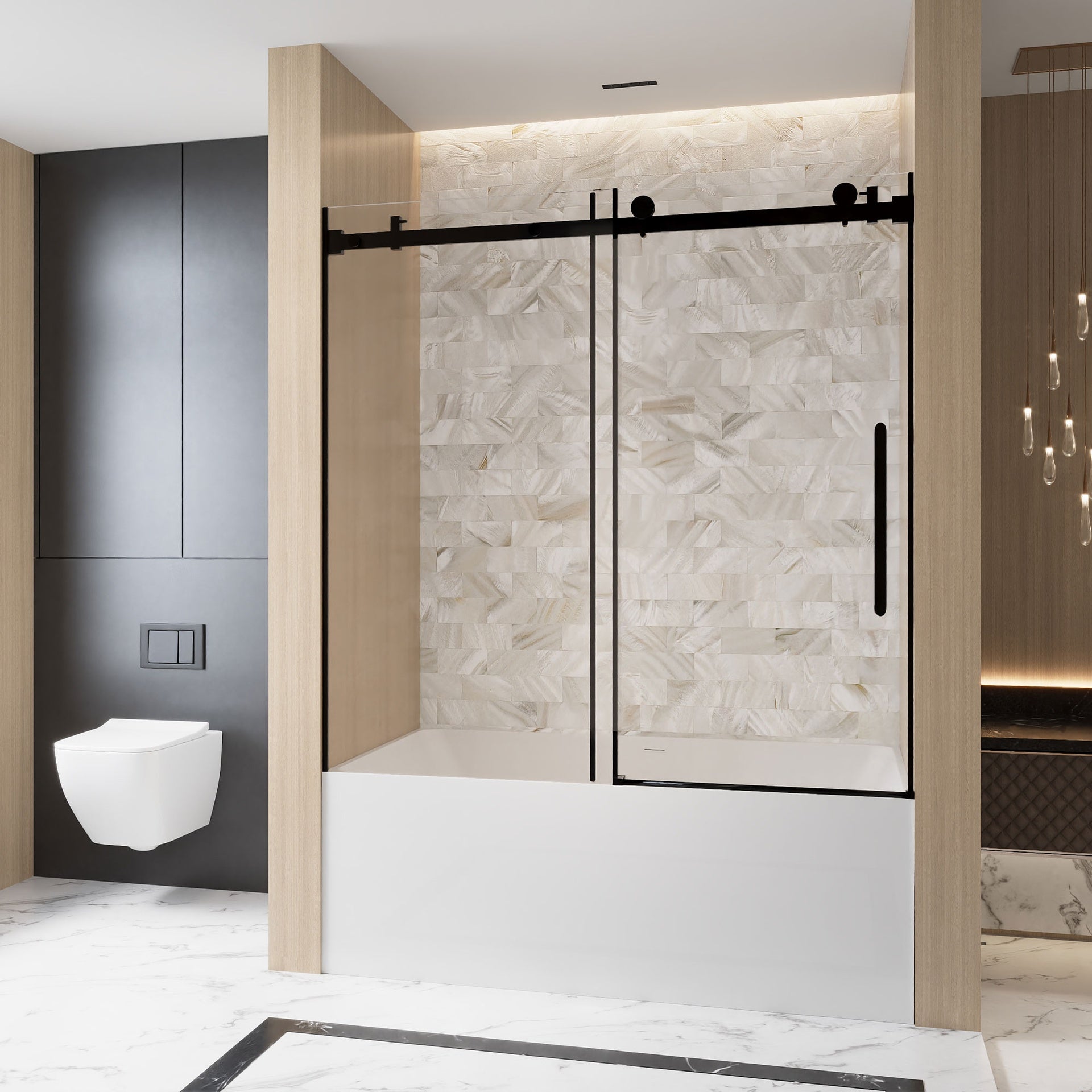 Frameless Single sliding shower door  56-60 "W x 60" H, 1/4 "(6 mm) Clear Tempered Glass, Explosion Proof Film, Stainless Steel Handle,Square Tube Track ,Matte Black