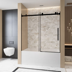 Frameless Single sliding shower door  56-60 "W x 60" H, 1/4 "(6 mm) Clear Tempered Glass, Explosion Proof Film, Stainless Steel Handle,Square Tube Track ,Matte Black