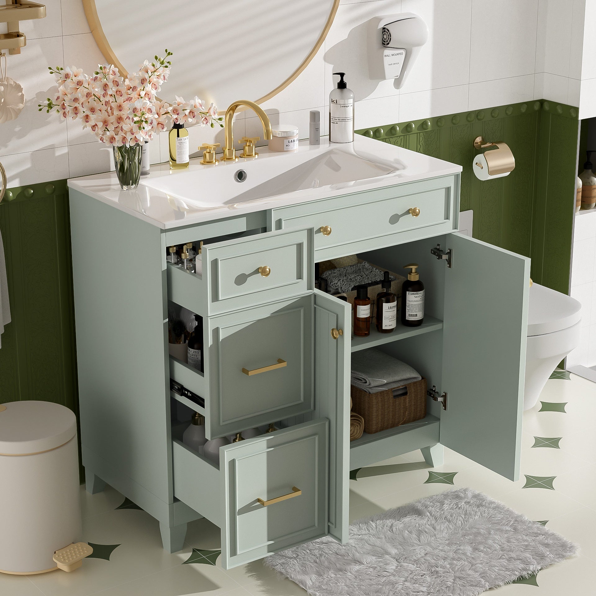 36" Bathroom Vanity with Ceramic Sink, Standard and Double-Layer Drawers, Soft Close Doors, Adjustable Shelves, Modern Storage Cabinet for Small and Medium Bathrooms