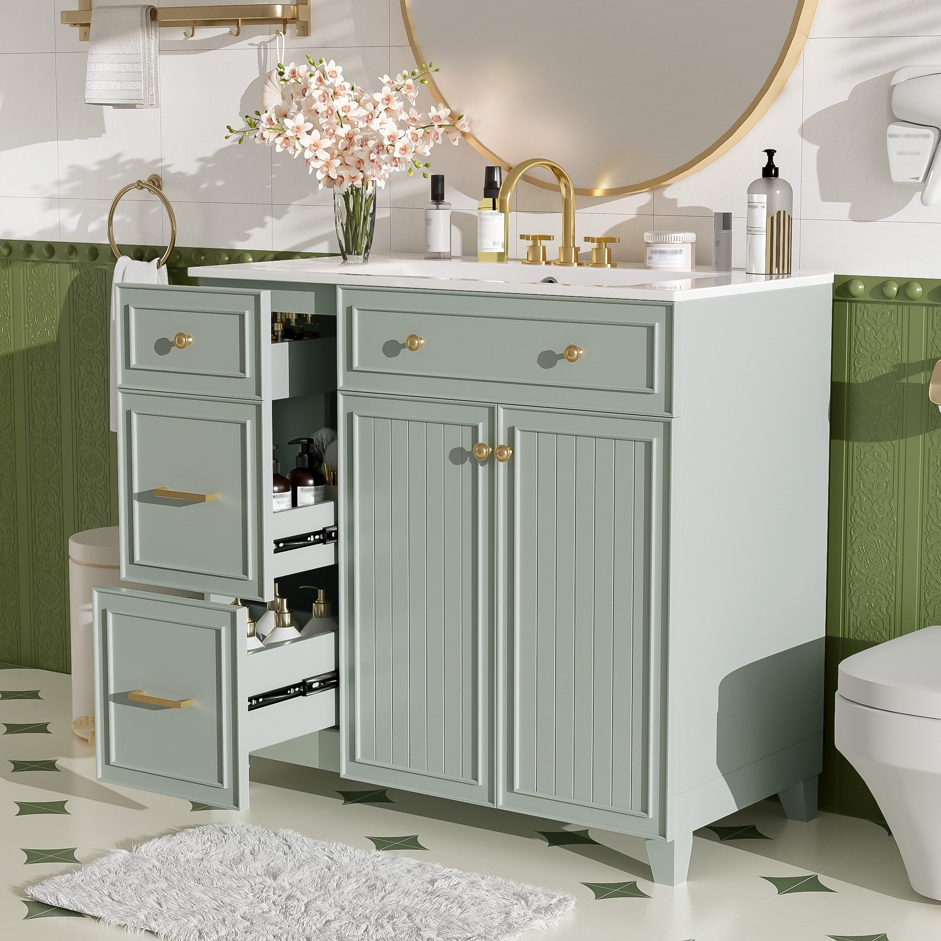 36" Bathroom Vanity with Ceramic Sink, Standard and Double-Layer Drawers, Soft Close Doors, Adjustable Shelves, Modern Storage Cabinet for Small and Medium Bathrooms