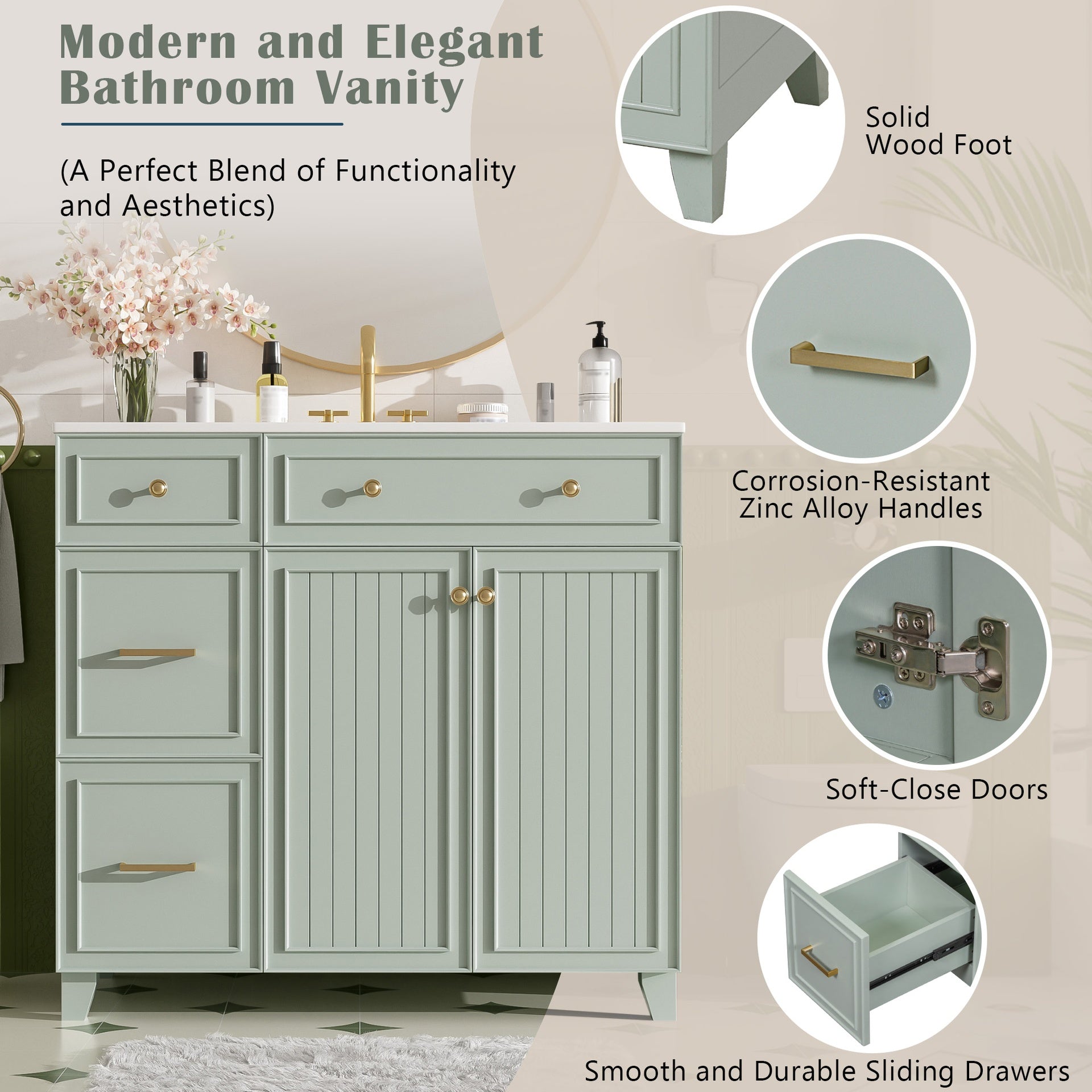 36" Bathroom Vanity with Ceramic Sink, Standard and Double-Layer Drawers, Soft Close Doors, Adjustable Shelves, Modern Storage Cabinet for Small and Medium Bathrooms