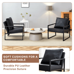 Set of 1 Classic Black PU Leather and Metal Frame Sofa -Ergonomically designed, a perfect blend of modern and industrial styles
