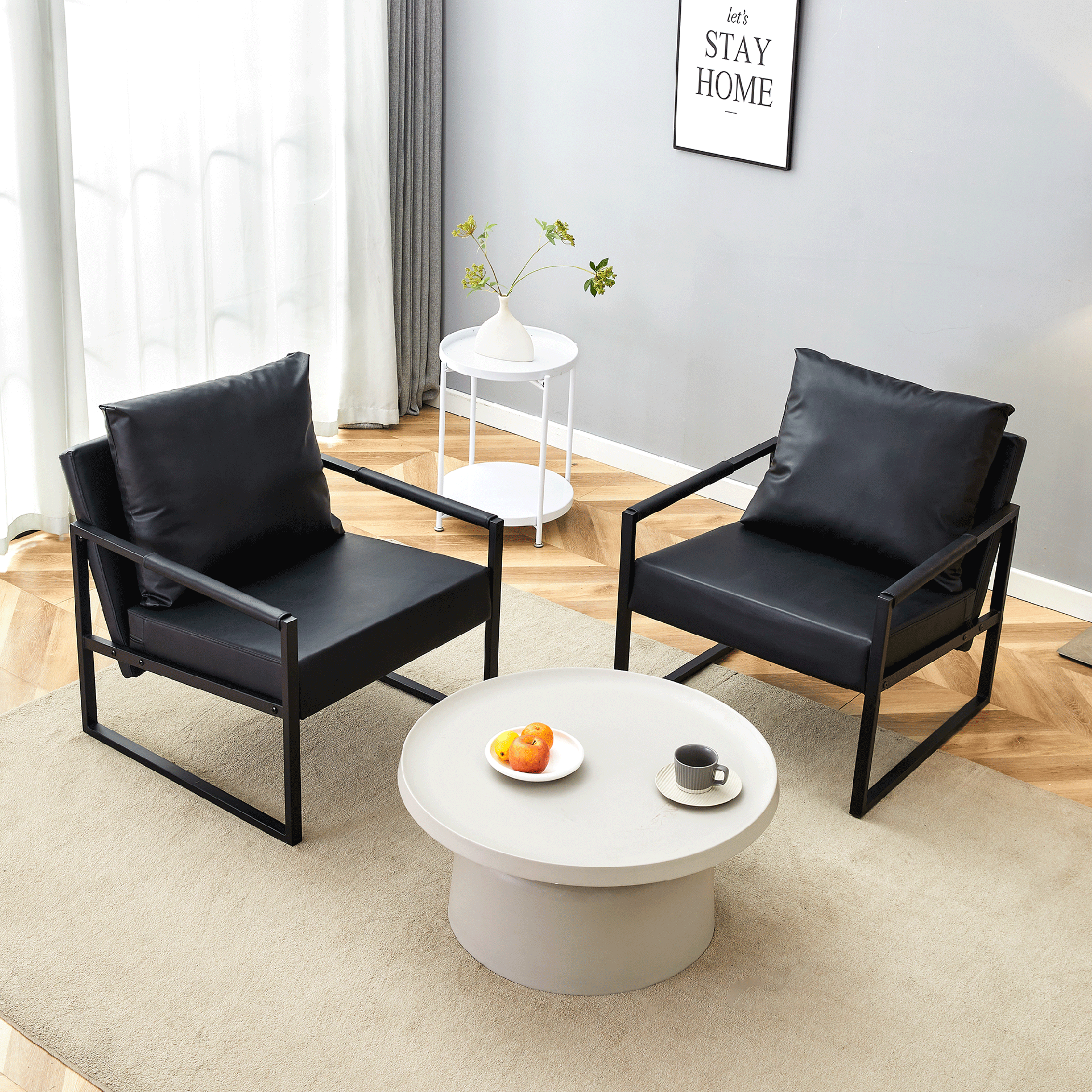 Set of 1 Classic Black PU Leather and Metal Frame Sofa -Ergonomically designed, a perfect blend of modern and industrial styles