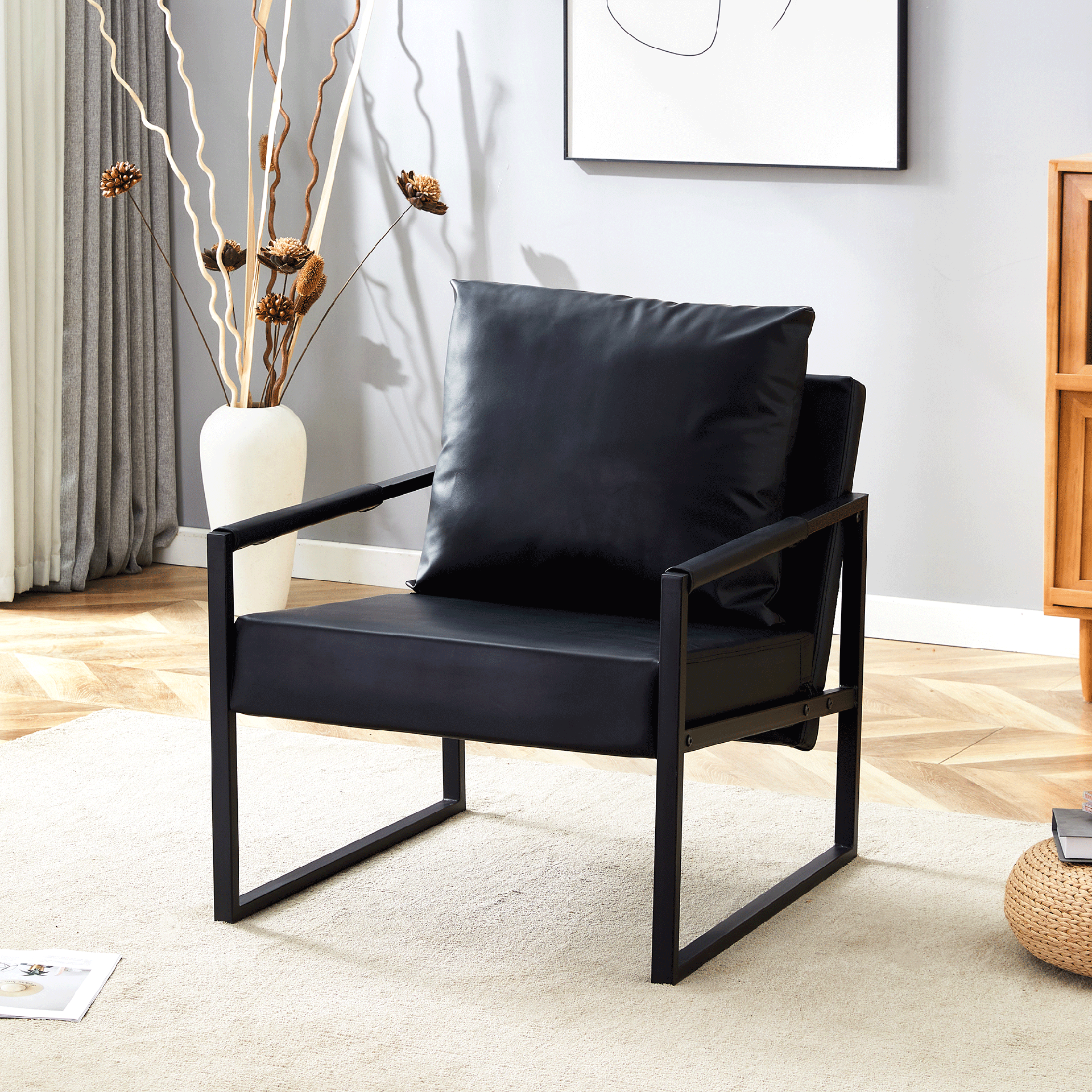 Set of 1 Classic Black PU Leather and Metal Frame Sofa -Ergonomically designed, a perfect blend of modern and industrial styles